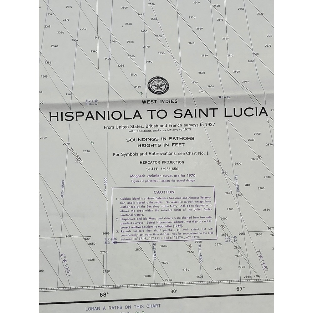 Vtg 1973 West Indies Nautical Chart 25008 Hispaniola Saint Lucia Map Wall Decor